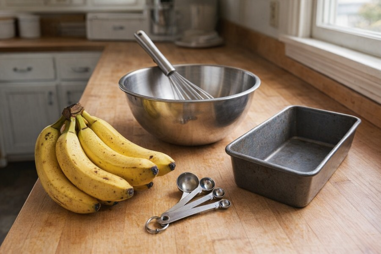Ripe bananas, a mixing bowl with measuring spoons, a whisk, and a loaf pan arranged on a wooden countertop, natural light